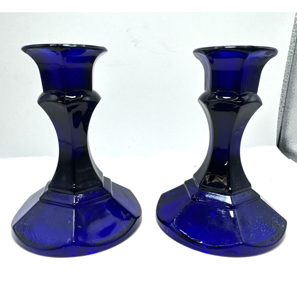 Libbey Cobalt Blue Glass Candlesticks Candle Holders Six Panel Set Of (2) 4 1/4"